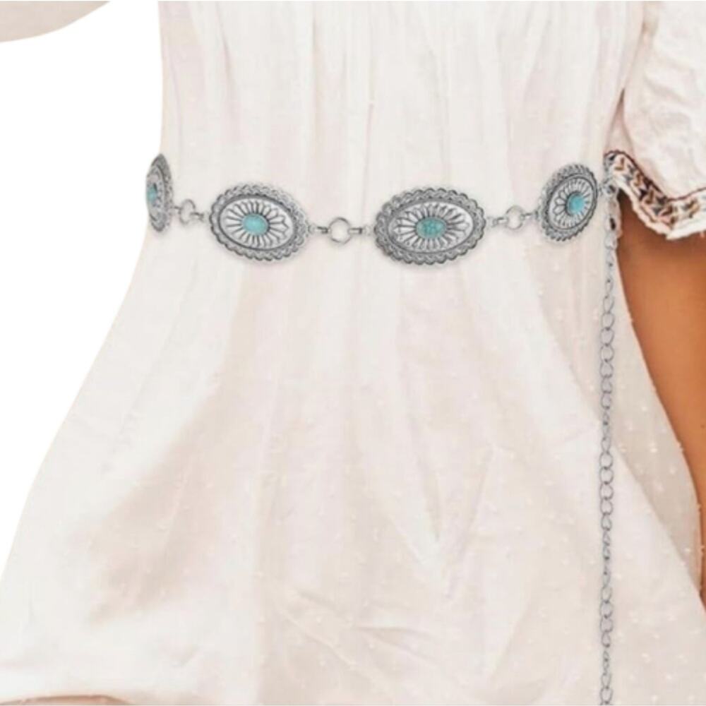 Haute Hippie Silver and Turquoise Chain Concho Belt New